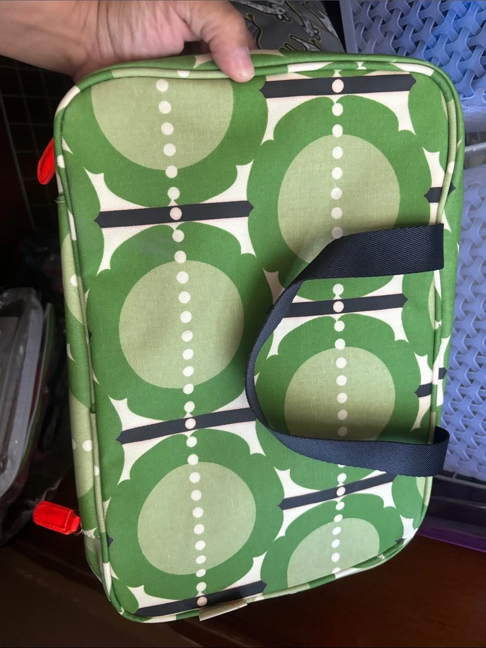 Orla Kiely Green Graphic Print Cosmetic Travel Case with Navy Accents